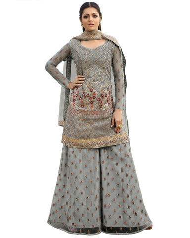 Grey Net Embroidered Palazzo Style Pakistani Suit
