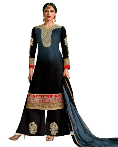 Nshine Embroidered Work Black And Grey Velvet Designer Palazzo Suit