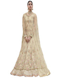 Cream Colored Partywear Embroidered Net Anarkali Suit