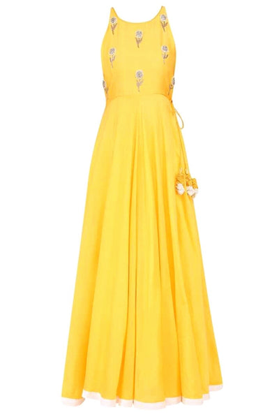 Yellow Designer Embroidered Taffeta Gown