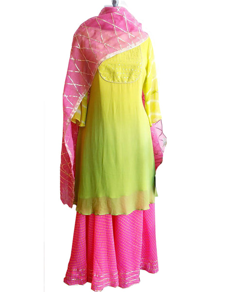 Green And Pink Color Silk Bhandej Gota Patti Suit