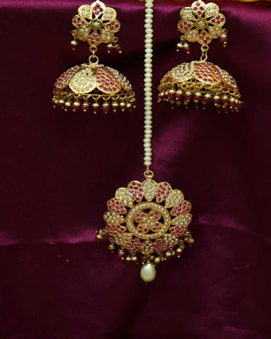 Pink Jadau Jhunki With Tikka Earrings
