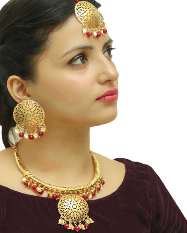 Hayam Gold Finished Rubby Patti Hasli Necklace,Tikka & Kundan Earrings