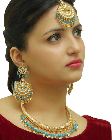 Furayah firozi Pippal Patti Hasli Necklace,Kundan Tikka & Earrings