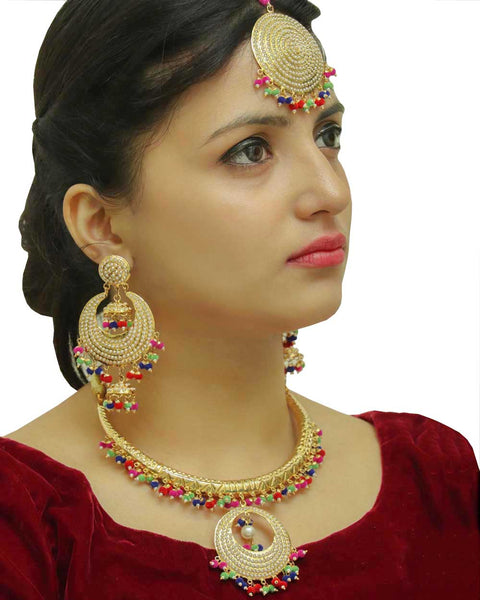 Gazala Gold Finished Navratan Hasli Necklace,Tikka & Earrings