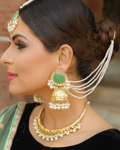 Hazimah Gold Finished New Jade Hasli Necklace,Tikka & Earrings