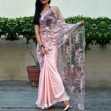 Pink Colored Partywear Embroidered Satin-Tissue Half-Half Saree