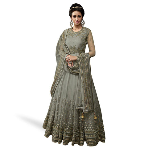 Grey Colored Partywear Embroidered Abaya Style Netted Anarkali Suit