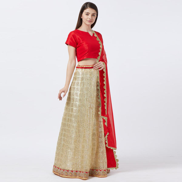 Marvellous Cream Colored Partywear Embroidered Netted Lehenga Choli