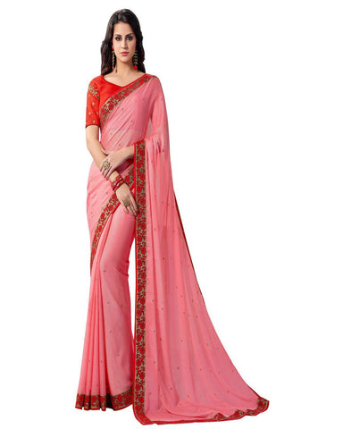 Pink Colored Partywear Embroidered Chiffon Saree