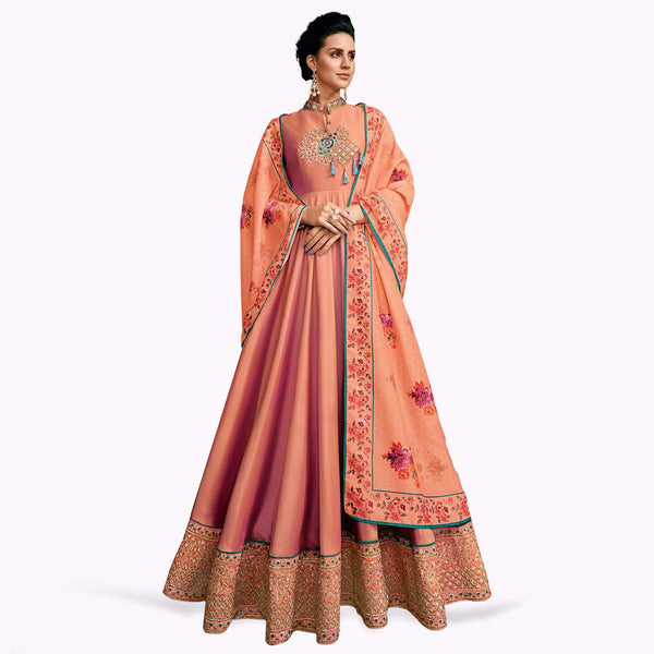Peach Colored Partywear Embroidered Silk Abaya Style Anarkali Suit