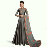 Grey Colored Partywear Embroidered Silk Abaya Style Anarkali Suit