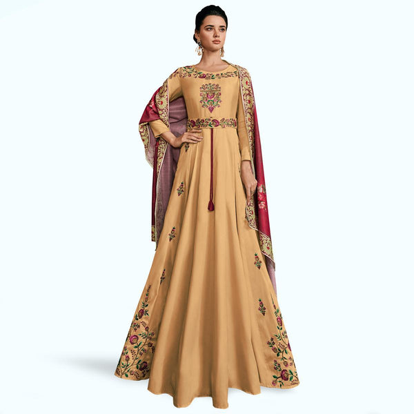 Beige Colored Partywear Embroidered Silk Abaya Style Anarkali Suit