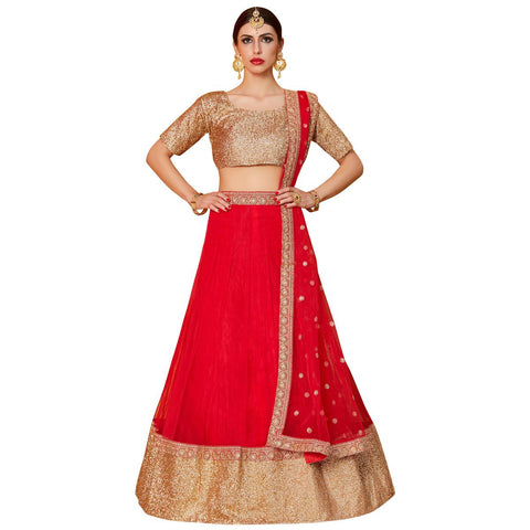 Red Colored Partywear Embroidered Art Silk Lehenga Choli