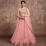 Pink Colored Partywear Embroidered Soft Net Lehenga Choli