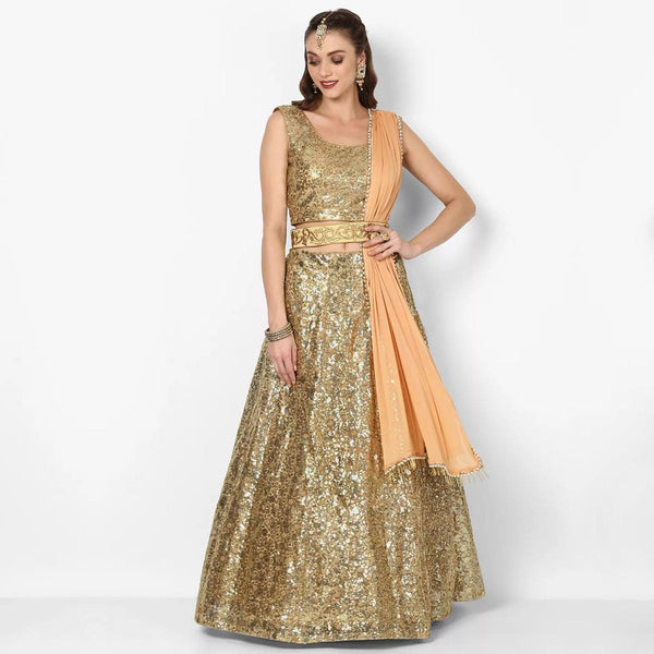 Golden Colored Partywear Embroidered Netted Lehenga Choli