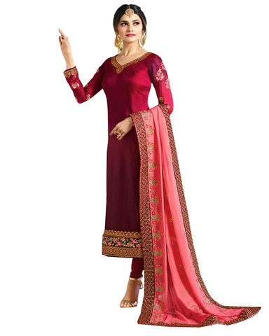 Maroon Colored Embroidered Work Party Wear Georgette Salwar Suit