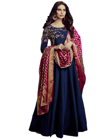Navy Blue Colored Party Wear Embroidered Tapetta Silk Gown