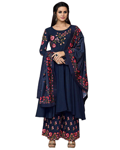 Navy Blue Colored Party Wear Embroidered Cotton Palazzo Suit