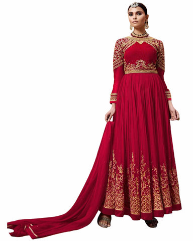 Red Designer Embroidered Georgette Anarkali Suit