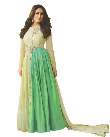 Cream- Sea Green Designer Embroidered Georgette Anarkali Suit