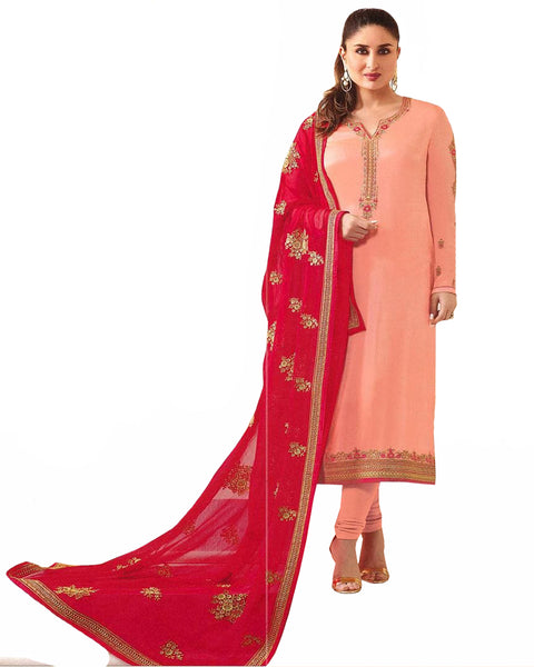 Peach Designer Embroidered Faux Georgette Straight Suit