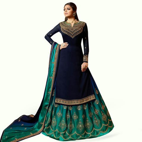 Navy Blue Colored Partywear Embroidered Satin Lehenga Kameez