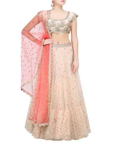 Cream And Peach Net Lehenga Choli