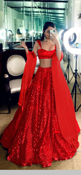 Red Color Sequins Lehenga Choli