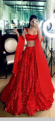Red Color Sequins Lehenga Choli