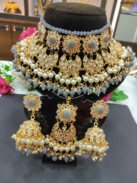 Beautiful Golden and White Color Necklace, Earrings and Maang Tikka  for Special Occasion