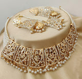 Gorgeous Golden Color Jadau Necklace with Earrings and Math Tikka for Special Occasion