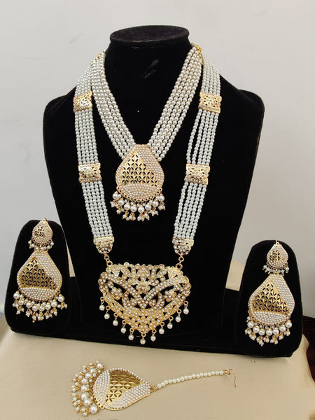 Beautiful Pearl Jadau Choker Necklace with Rani Haar and Charming Earrings Tika Set