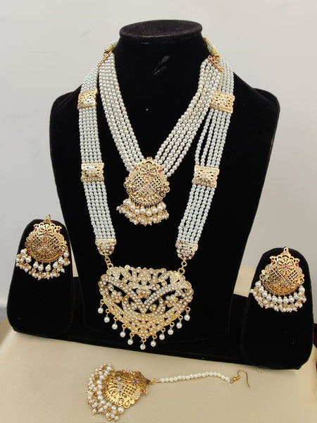 Royal Pearl Jadau Choker Necklace with Rani Haar and Charming Earrings Tika Set