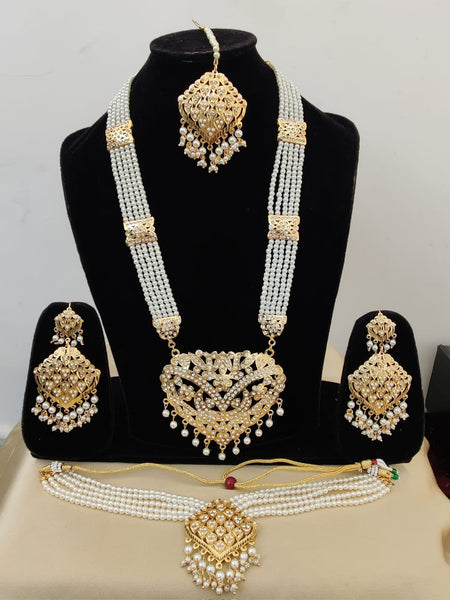 Royal Golden Color Pearl Jadau Choker Necklace with Rani Haar and Charming Earrings Tika Set