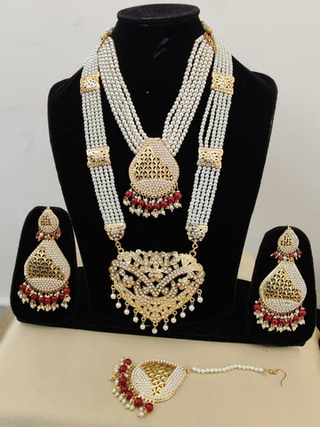 Magnificent Golden Color Pearl Jadau Choker Necklace with Rani Haar and Charming Earrings Tika Set