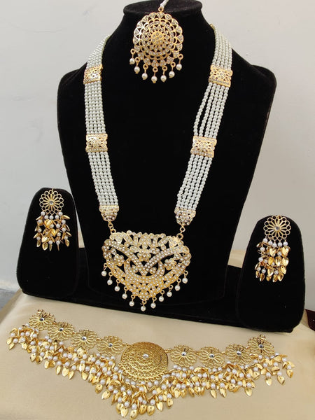 Excellent Pearl Jadau Choker Necklace with Rani Haar and Charming Earrings Tika Set