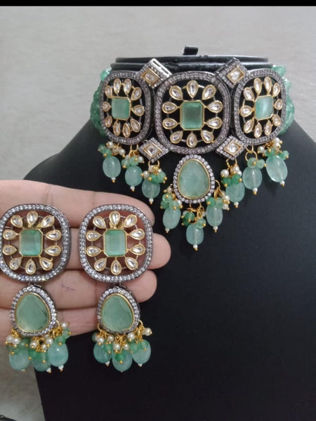 Beautiful Light Green Color Necklace and Jhumka with Stone and Kundan Work