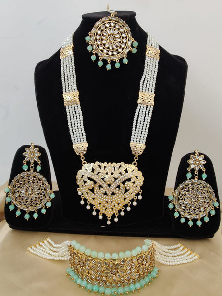 Charming Golden Color Choker Necklace Set with Beautiful Jhumka and Matha Tikka