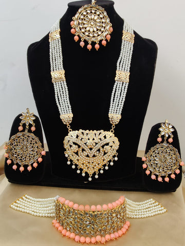 Pretty Golden Color Choker Necklace Set with Beautiful Jhumka and Matha Tikka with Extra Pink Color Pearls