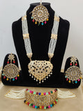 Gorgeous Golden Color Choker Necklace Set with Beautiful Jhumka and Matha Tikka with Extra Multi Color Pearls