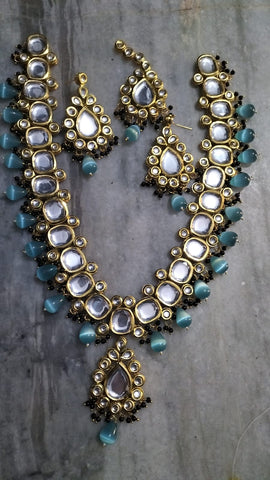 Gorgeous Necklace Set with Beautiful Jhumka and Matha Tikka with Back Meenakari and Monalisa Stones