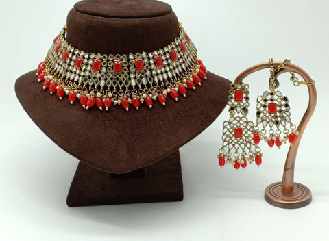 Beautiful White and Red Color Necklace with Charming Earrings for Special Occasion