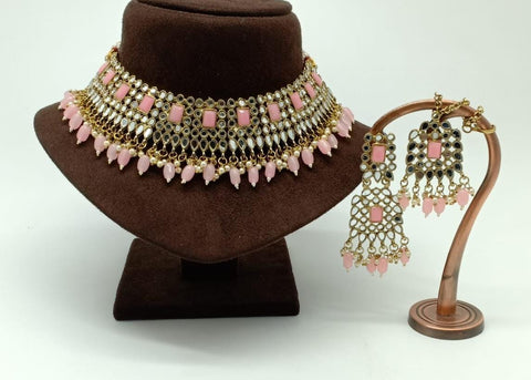 Beautiful White and Pink Color Necklace with Charming Earrings for Special Occasion