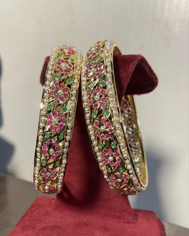 Beautiful One Gram Gold Plated Jadau Bangle with Real Stones