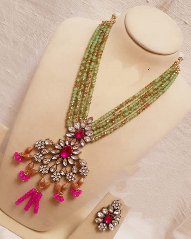 Lustrous Sea Green and Dual Tone Peach Golden Color Pearls Necklace