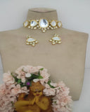 Charming Golden Color Necklace and Earrings with Lustrous White Color Pearls and Back Meenakari