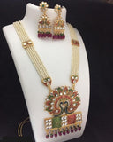Beautiful Green, Red and White Color Necklace, Earrings Set with Peacock Design for Special Occasion