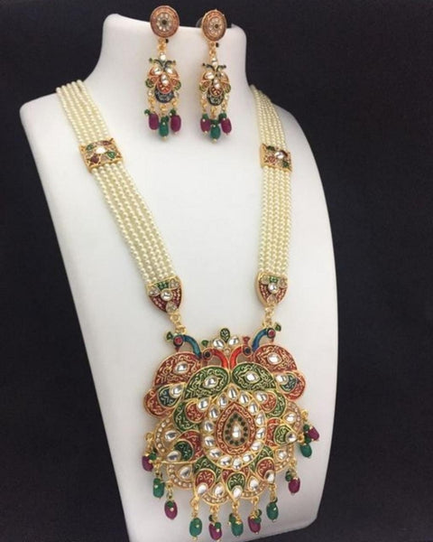 Royal Multi Color Necklace and Earring with Charming White and Maroon Color Pearls for Special Occasion