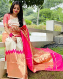 Beautiful White and Pink Color Soft Lichi Silk Saree and Blouse with Exclusive Jacquard Border for Special Occasion